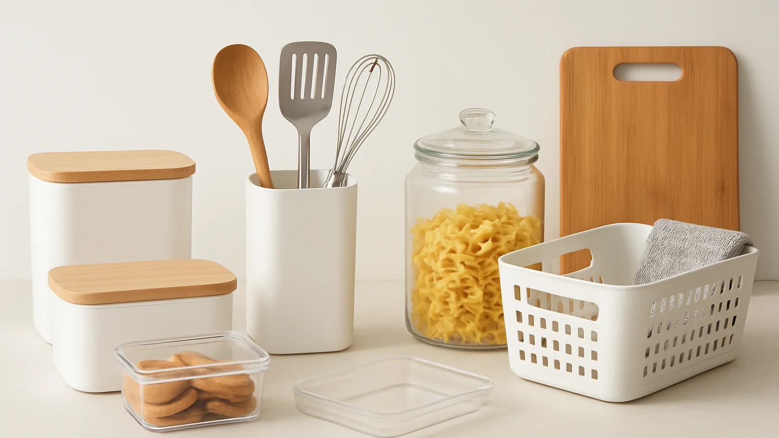 Clean marketplace product photography of kitchen and home storage products on a neutral backdrop, bright even studio lig