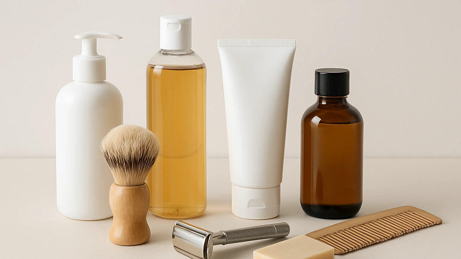 Clean marketplace product photography of personal care bottles and grooming items on a neutral backdrop, bright even stu