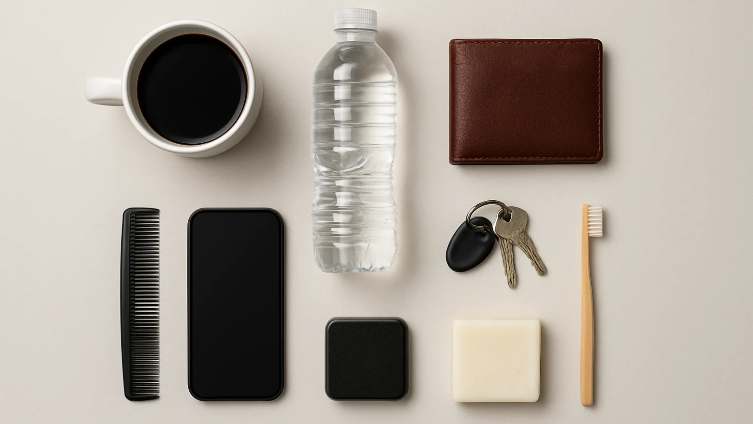 Clean marketplace product photography of everyday essentials arranged neatly on a neutral backdrop, bright even studio l